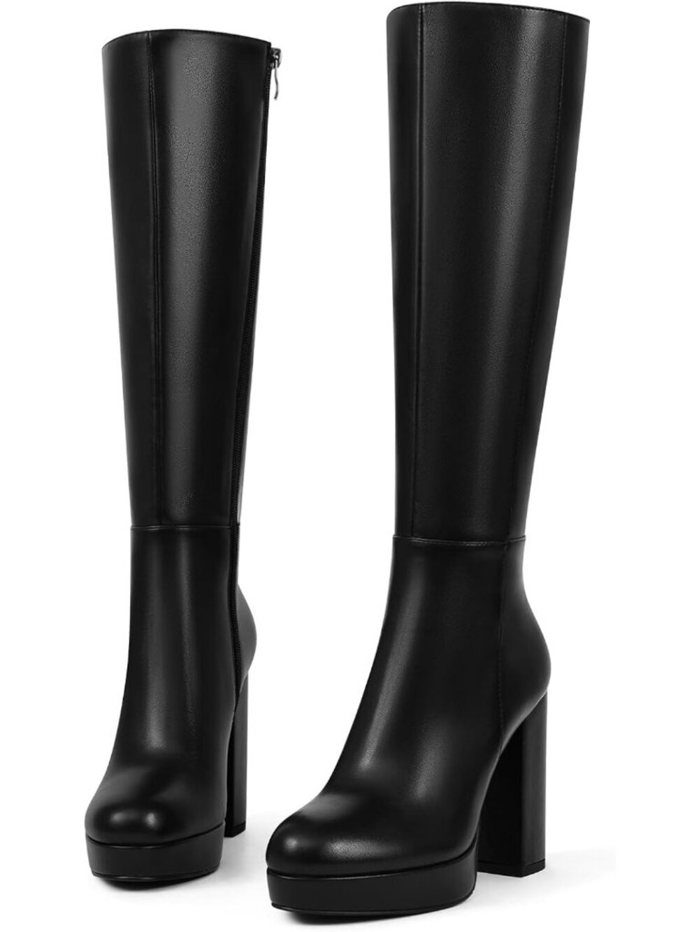 Women's Black Platform Knee High Boots Chunky High Heel Boots Round Toe Side Zip